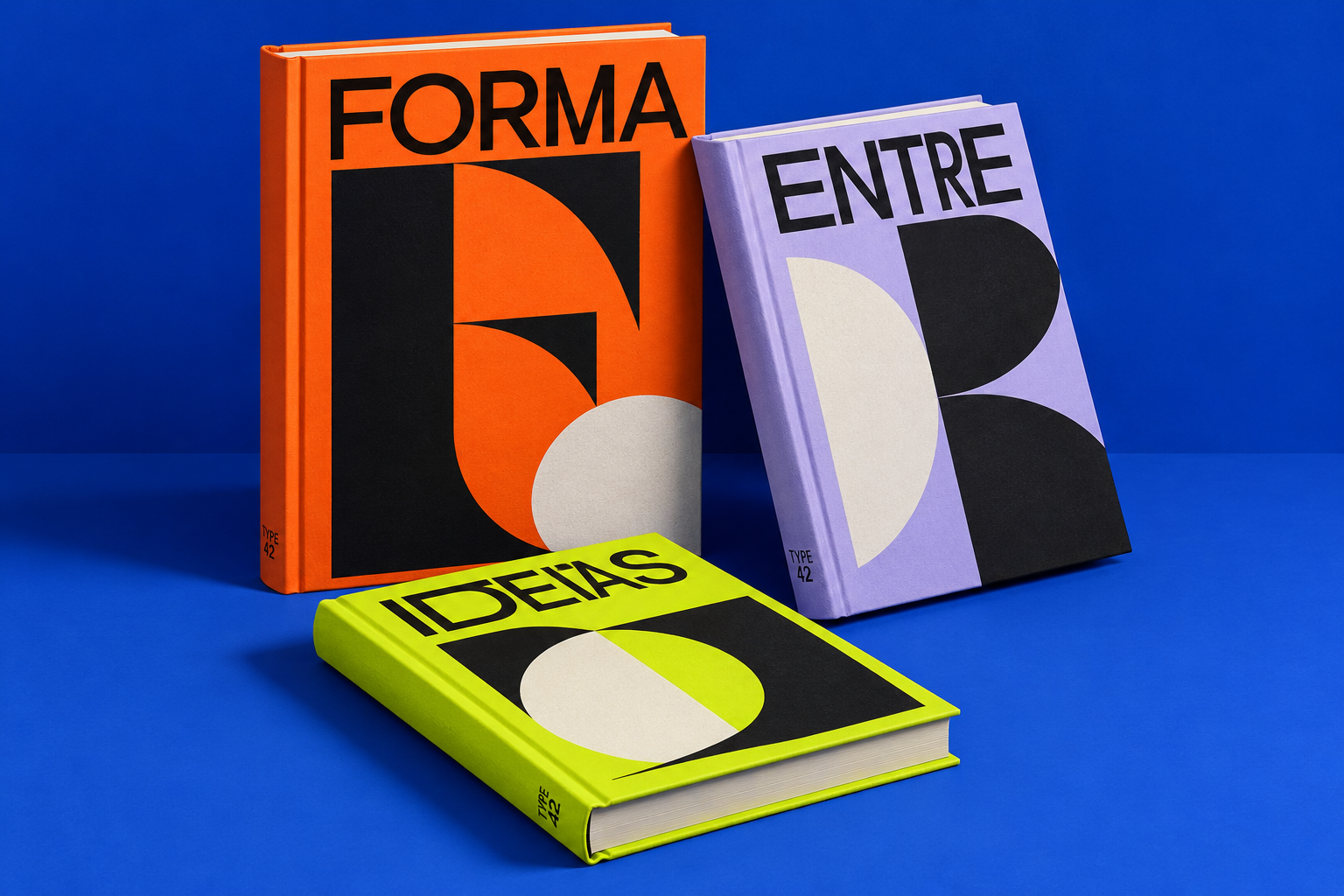 Estudo de três livros com capas laranja, lilás e verde-lima sobre fundo azul, com títulos Forma, Entre e Ideias.