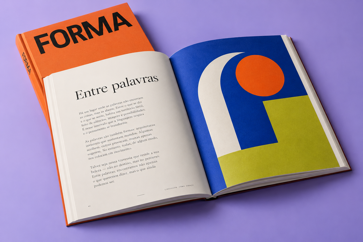 Livro aberto: texto com margens generosas à esquerda e composição geométrica azul, laranja e verde à direita.